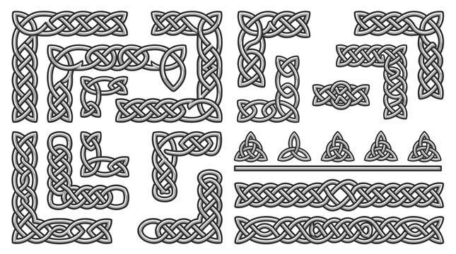 Various grey celtic knot corner frames and seamless line borders with triquetra trinity symbols on white background, concept for vintage book design, certificate border and stationary decoration