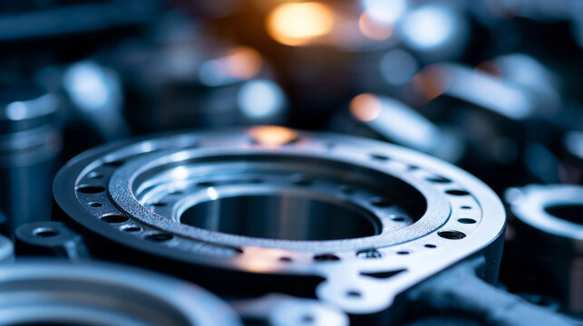 Close-up of a conventional internal combustion engine crankcase with selective focus on textured cast metal housing, defocused engine components surrounding it, automotive part