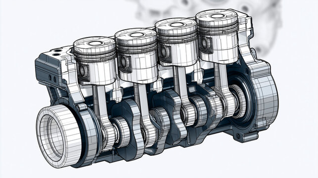 Four-cylinder internal combustion engine cutaway line art technical drawing, precise engineering illustration on white background showing piston connecting rod and crankshaft
