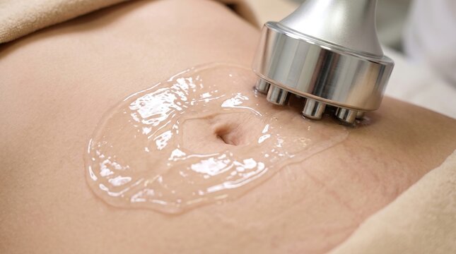 Multipolar radiofrequency body contouring device working on female stomach with clear conductive cooling gel