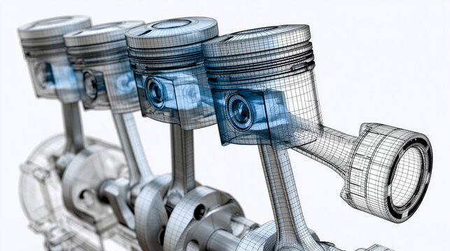 Four-cylinder internal combustion engine cutaway line art technical drawing, precise engineering illustration on white background showing piston connecting rod and crankshaft