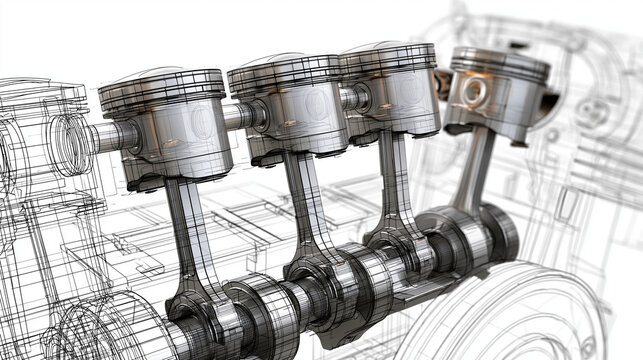 Four-cylinder internal combustion engine cutaway line art technical drawing, precise engineering illustration on white background showing piston connecting rod and crankshaft