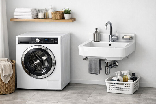 A modern laundry room with a top-loading washing machine, white sink, and wooden shelving. The wall is painted in a light color, and there are towels and cleaning products visible on the shelves.