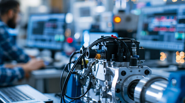 Internal combustion engine mounted on a dynamometer test bench in an engineering laboratory, monitoring cables attached to sensors, defocused lab equipment in background, engine
