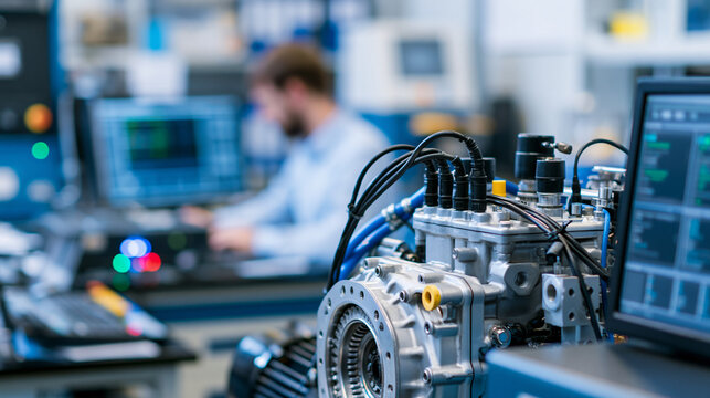 Internal combustion engine mounted on a dynamometer test bench in an engineering laboratory, monitoring cables attached to sensors, defocused lab equipment in background, engine