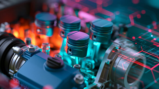 Colorful detailed illustration of a mechanical internal combustion engine with technology-themed backdrop, vibrant color palette highlighting different system components,