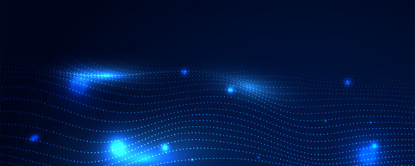 Obraz premium Abstract blue technology background with glowing particle wave, digital dot pattern and dark copy space.