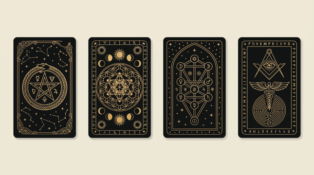 Four mystical tarot cards with gold occult symbols including pentagram and sacred geometry on black background, concept for esoteric spiritualism, astrological divination and occult research