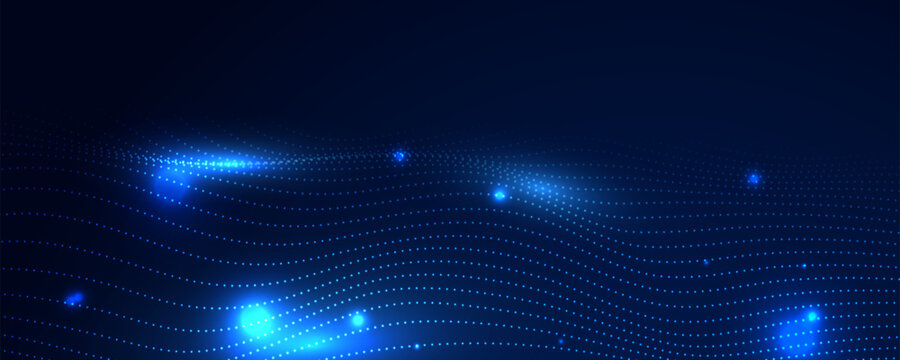 Abstract blue technology background with glowing particle wave, digital dot pattern and dark copy space.