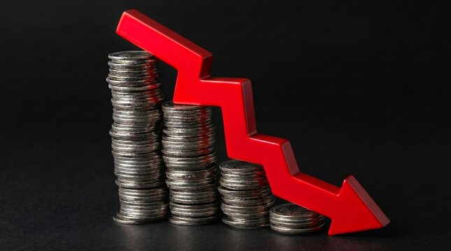Red downward arrow on stacks of silver coins financial crisis concept
