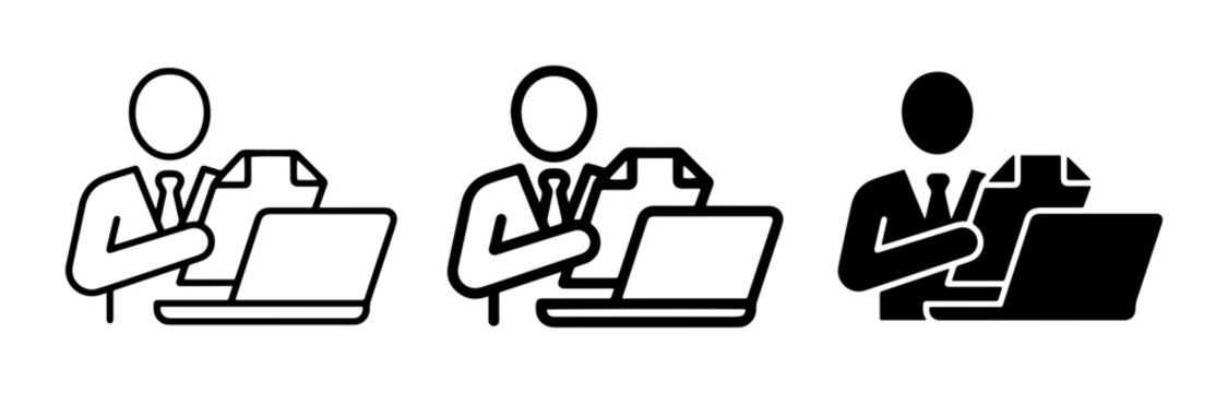 Business person working on laptop icon set for office and remote work outline, solid and color styles, white background