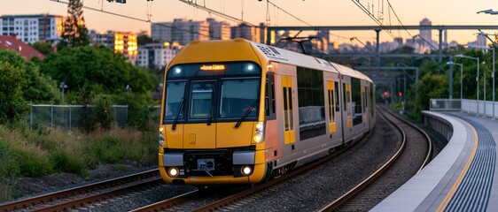 Fototapeta premium A state-of-the-art yellow train moves along the tracks during sunset, symbolizing modern transportation and the beauty of urban life at twilight.