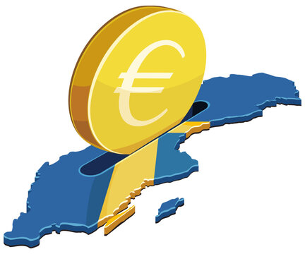 Vector artwork symbolizing European financial integration, euro zone trade partnerships, economic funding, and international commerce inside the map of Sweden, (cut out)