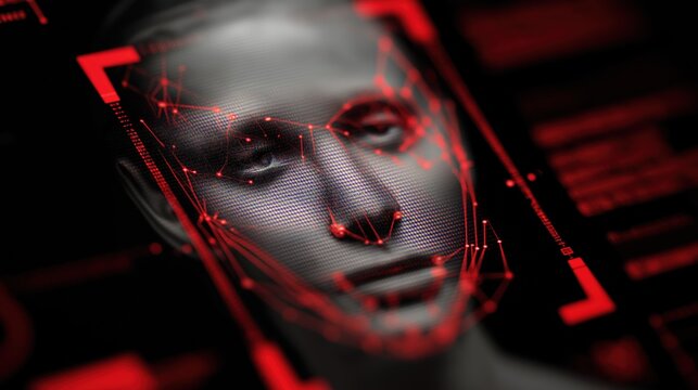 A digital facial recognition scan highlighting key points on a human face in red lines and grids on a dark background.