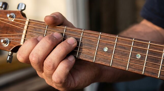 A person plays chords on a guitar neck with their left hand.