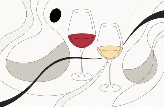 Modern minimalist illustration of red and white wine glasses with abstract shapes