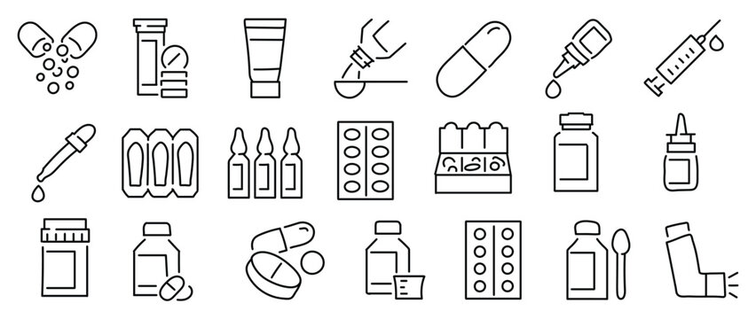 Pharmaceutical dosage forms editable stroke outline icon isolated on white background flat vector illustration. Pixel perfect. 64 x 64.