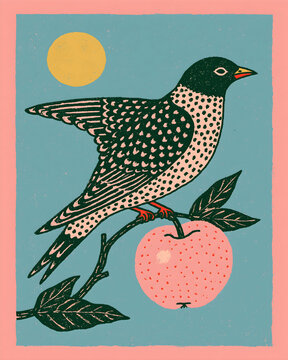 Vintage Folk Art Bird on Apple Branch with Sun and Retro Pastel Texture