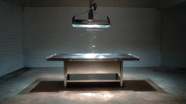 Empty Stainless Steel Autopsy Table Under Examination Light in a Morgue Room