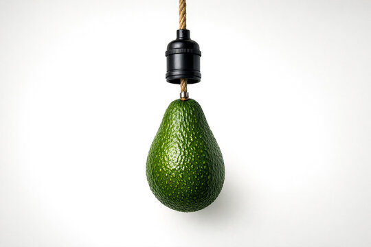 An unripe avocado attached to a wooden peg and suspended by a string.