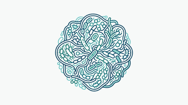 Abstract illustration of bacteria and microorganisms in a circular pattern.