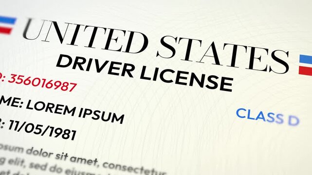 United States driver license close-up sample text identification card design, template realistic mockup 4k footage