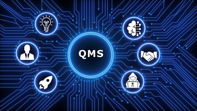 A glowing neon QMS concept surrounded by smaller icons for ai and manufacturing process management all connected in a digital circuit like pattern.circuit lines and digital symbols. 4k