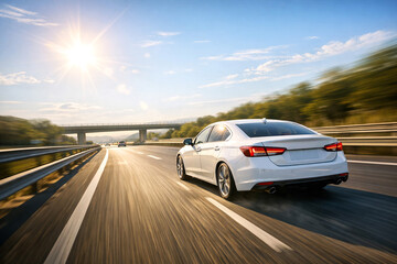 Obraz premium A white sedan car in motion on a clear day with sun rays coming through the trees in the background.