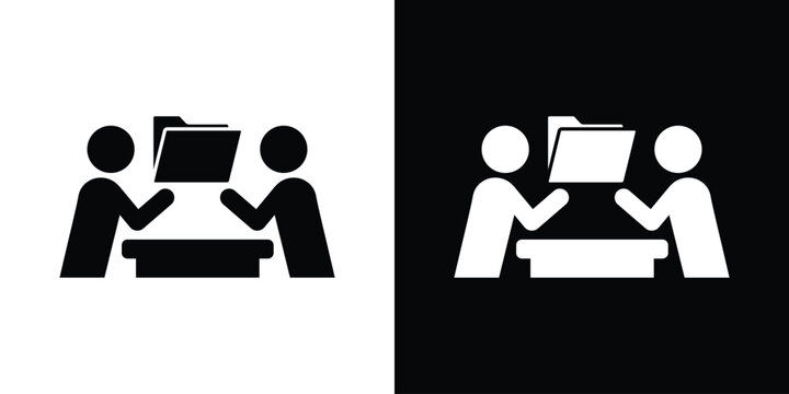 Document management and data sharing icon with two people reviewing an open folder over a desk. Corporate files, archive, tax audit concept vector.