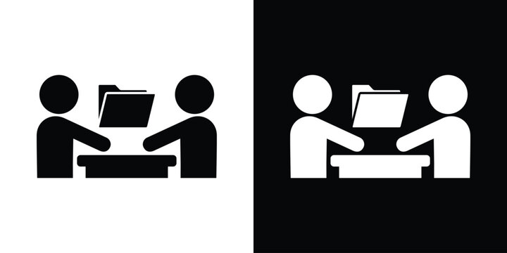 Document management and data sharing icon with two people reviewing an open folder over a desk. Corporate files, archive, tax audit concept vector.