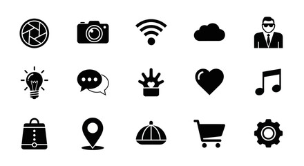 Various icons including a camera, light bulb, and shopping cart on a white background © reyro22