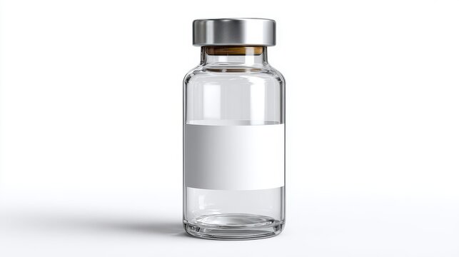 Clear glass vial with a white label and silver cap, isolated on white background