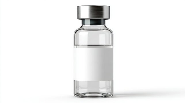 Clear glass vial with a white label and silver cap isolated on white background