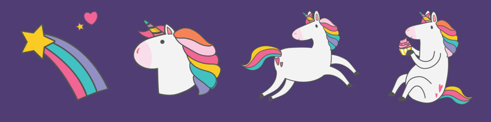 Obraz premium Vector of cute unicorns with rainbow manes and a shooting star on a purple background.