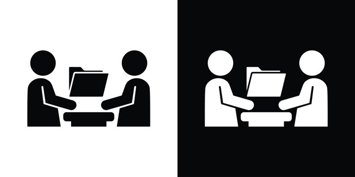 Document management and data sharing icon with two people reviewing an open folder over a desk. Corporate files, archive, tax audit concept vector.