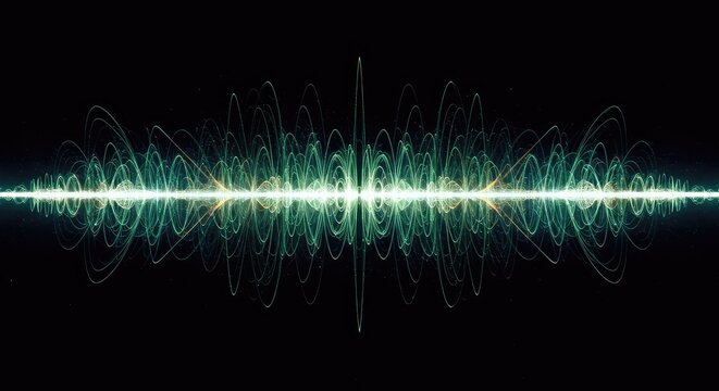 Abstract visual representation of wave energy and sound vibration displayed in a complex repeating geometric structure, futuristic, matrix, complex