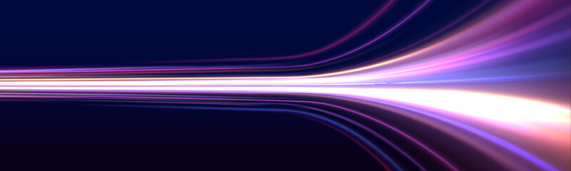 Futuristic purple, blue neon laser motion lines follow city highway road traffic. Light wave shapes speed and energy, glowing motion trail. City light wave speed trail. Vector illustration. © Mirotvoric