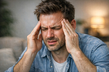 Fototapeta premium A man experiencing severe headache, holding his head in pain. Indicates stress or migraine.