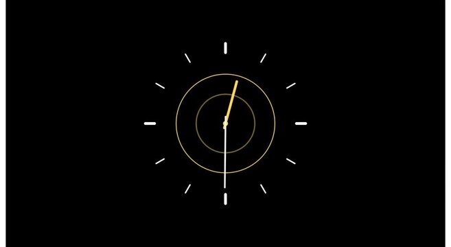 Minimalist abstract clock animation with rotating golden rings and time indicators animation