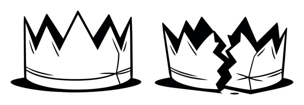 Crown representing royalty and power, next to a broken crown representing loss, downfall, failure, and collapse of leadership