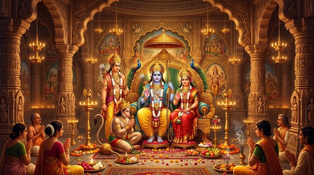 Hindu worship scene with Ram Darbar in temple