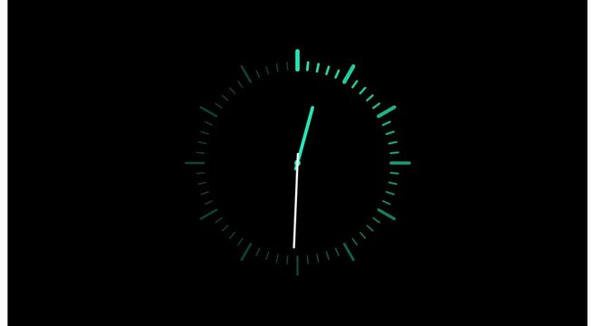 Minimalist digital clock interface with rotating hands on animation black background