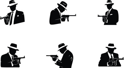 Vintage silhouette collection of six men in suits and hats holding vintage submachine guns © Heramone