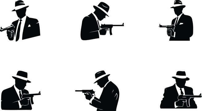 Vintage silhouette collection of six men in suits and hats holding vintage submachine guns