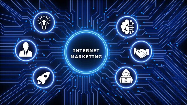 A glowing neon INTERNET MARKETING concept surrounded by smaller icons for ai and manufacturing process management all connected in a digital circuit like pattern.circuit lines and digital symbols. 4k