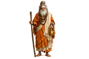 Obraz premium A spiritual figure representation, possibly a Buddha or a sage, depicted in traditional attire holding a staff and bell.