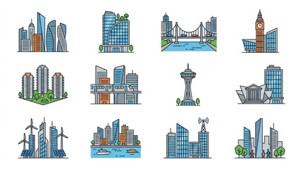 Obraz premium Collection of Urban Skyline and Cityscape Icons