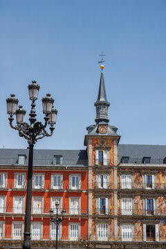 Scenic of Plaza Mayor Square in Madrid, Spain, sunny day with blue sky.