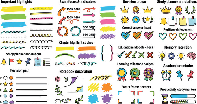 Hand drawn school study planner annotation elements vector bundle with highlighter strokes icons and educational doodles