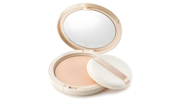 Open compact makeup case with mirror and powder foundation on white background